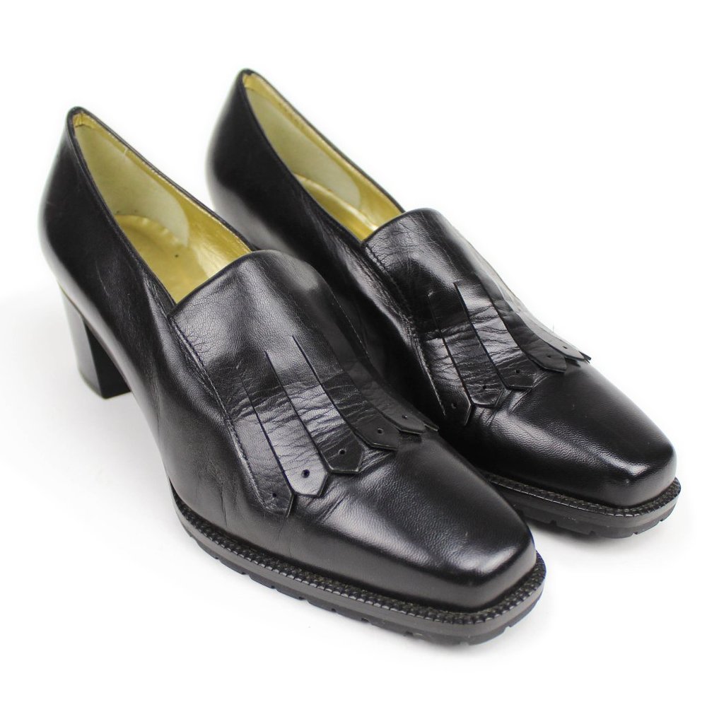 VTG 80s Bottega Veneta Black Leather Kiltie Fringe Square Toe Block Heels 8 D